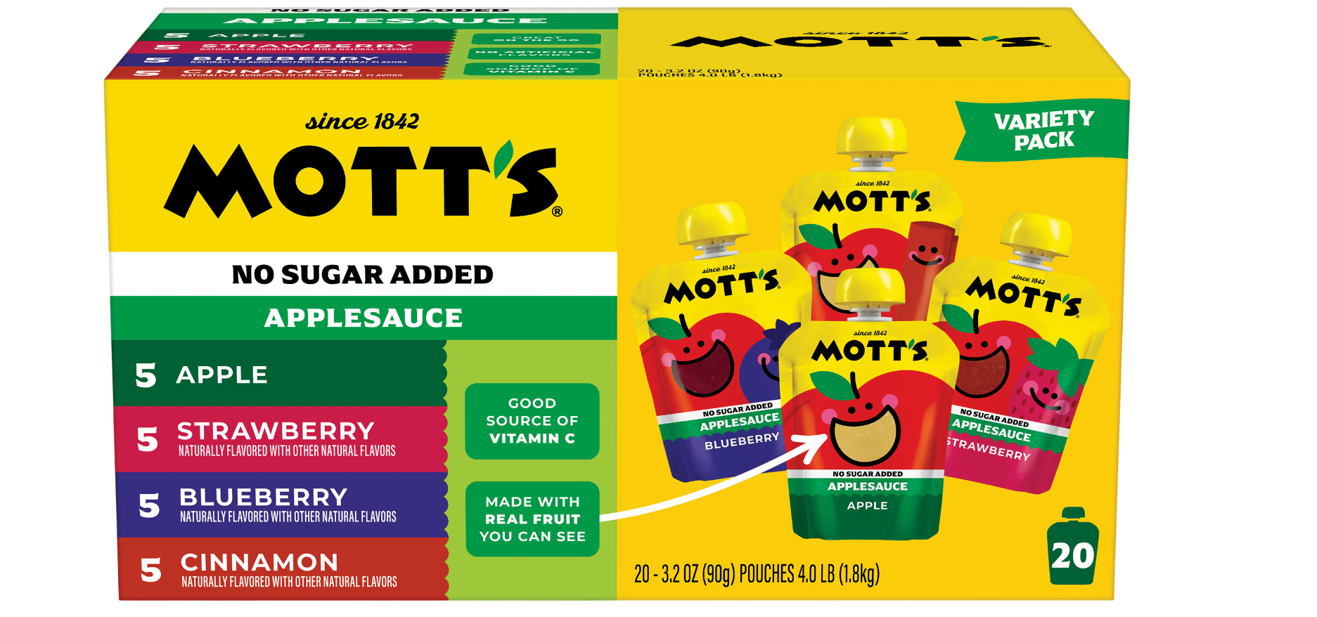 Mott's&reg; No Sugar Added Applesauce Apple, Cinnamon, Strawberry & BlueBerry Variety Pack 3.2oz 20-Pack Variety Pack Clear Pouches