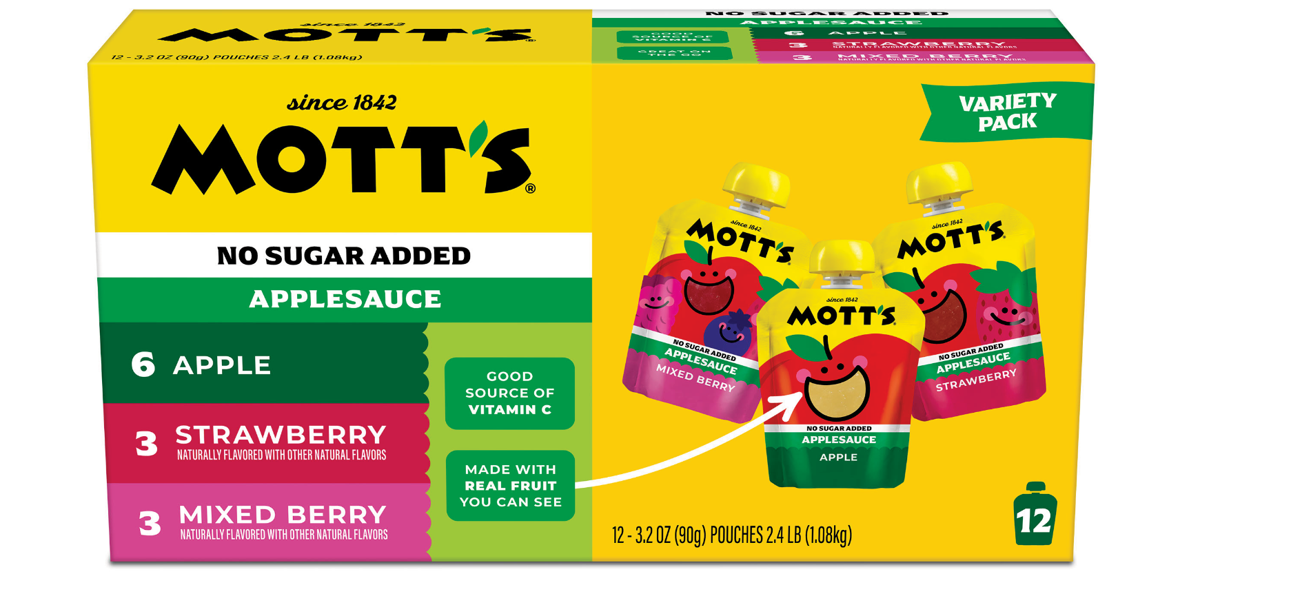 Mott's&reg; No Sugar Added Applesauce Apple, Strawberry, & Mixed Berry Variety Pack 3.2oz 12-Pack Variety Pack Clear Pouches