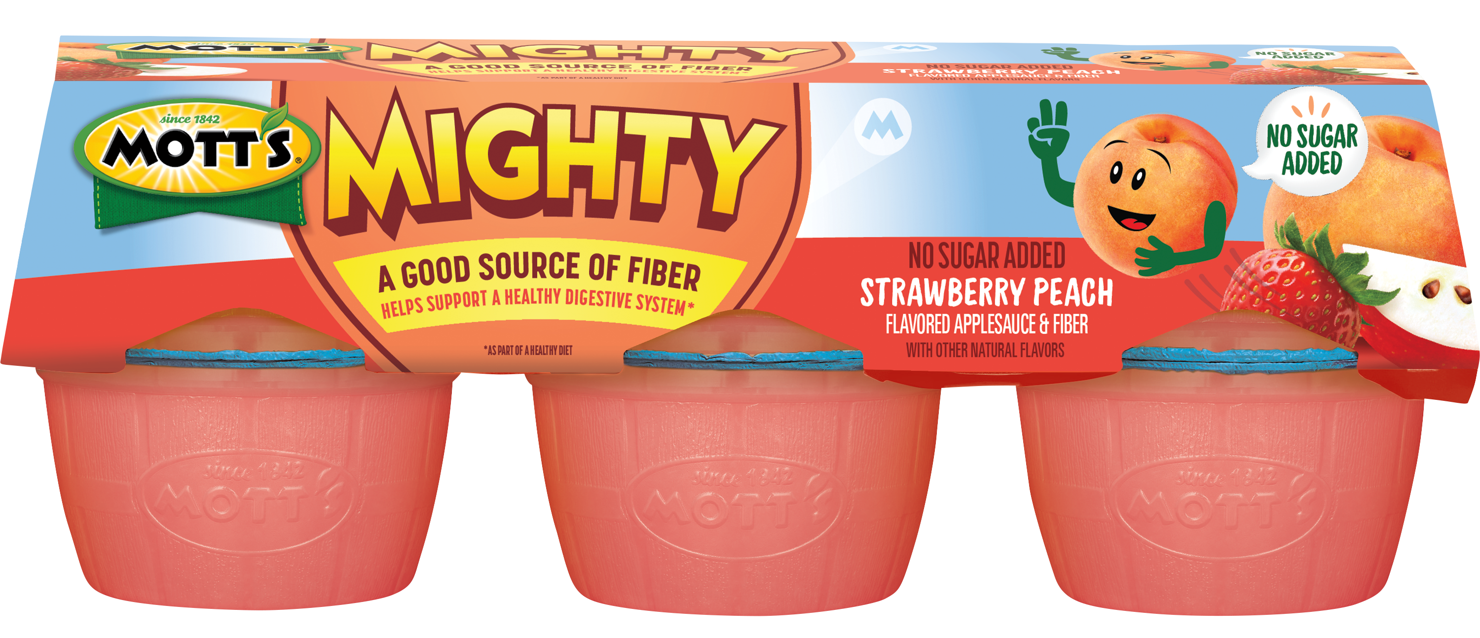 Mott's Mighty No Sugar Added Applesauce Strawberry Peach 3.9 oz. 6-pack cups