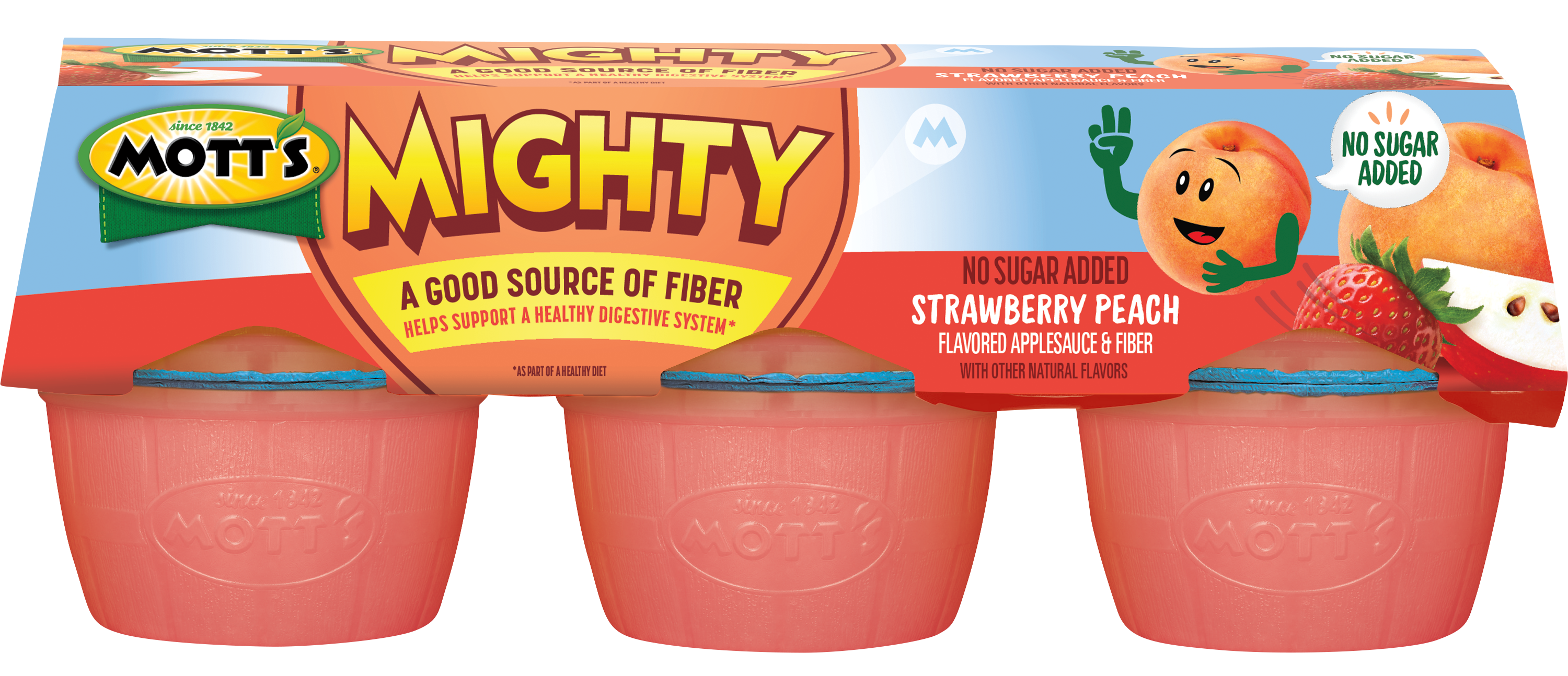 Mott's Mighty No Sugar Added Applesauce Strawberry Peach 3.9 oz. 6-pack cups