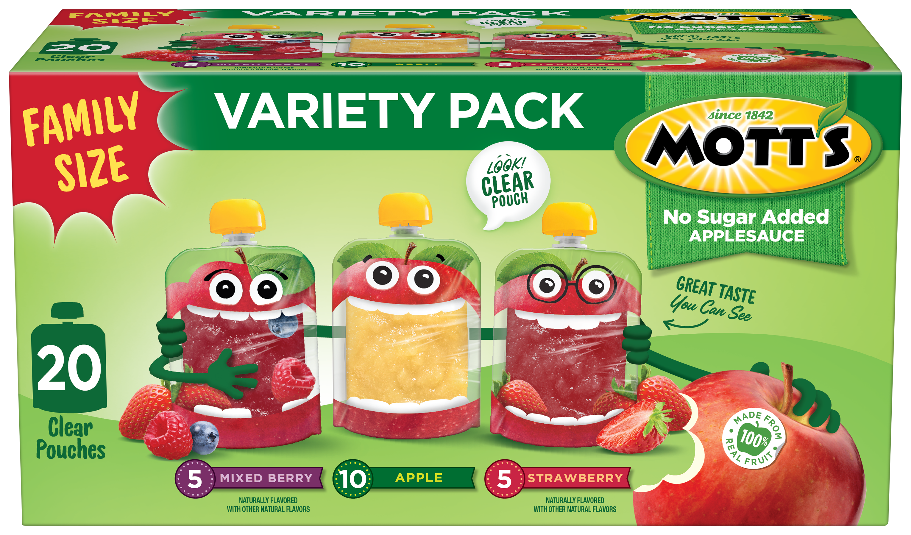 Mott's® No Sugar Added Applesauce Strawberry 3.2oz 20-pack variety pack clear pouches